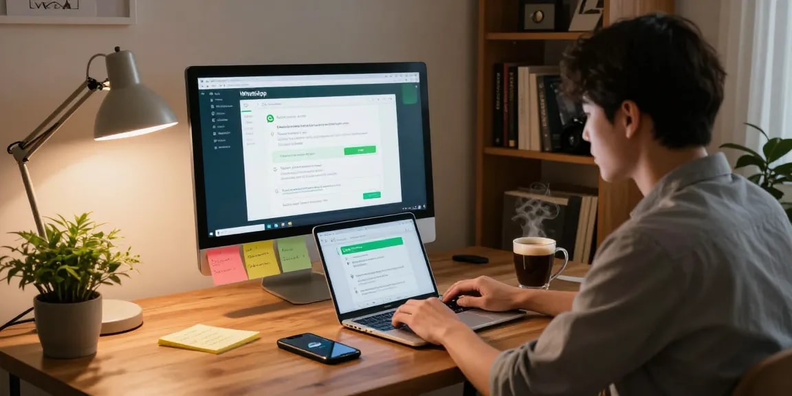 Young professional using WhatsApp電腦版 on a sleek home office setup with a laptop and cozy atmosphere.