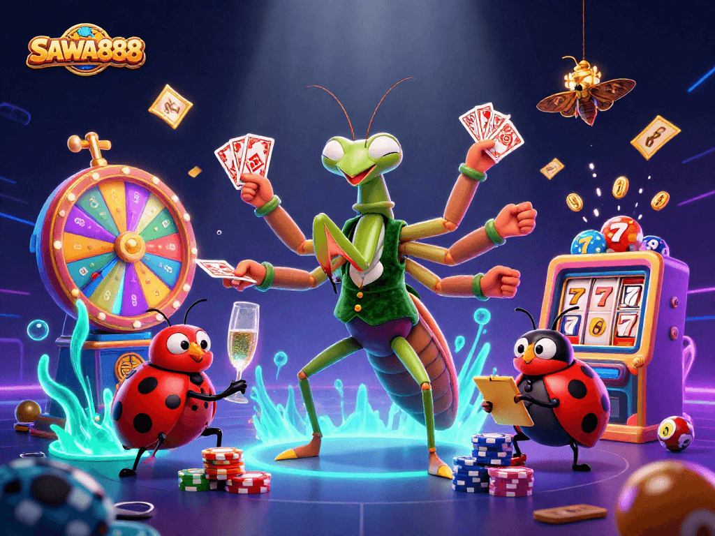 Experience thrilling gaming moments at SAWA888 with vibrant slot reels and dynamic prize elements.