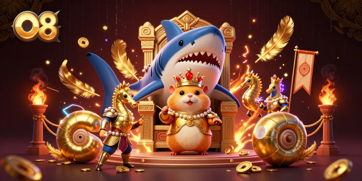 Experience O8 with an exhilarating 3D scene showcasing a golden hamster king and vibrant casino elements.