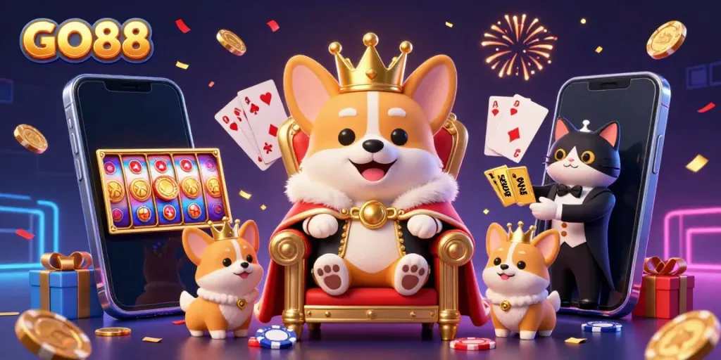 Experience GO88 gaming magic with corgis, poker elements, and vibrant casino atmosphere.