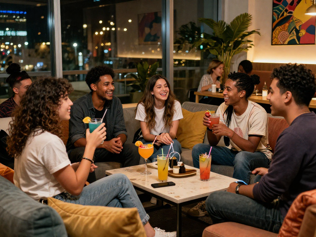 Engaging spicy chat among young adults in a cozy contemporary lounge setting with colorful cocktails.