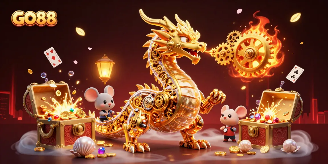 Experience thrilling wins at GO88 with a vibrant scene featuring a golden dragon, gold coins, and shimmering gems.