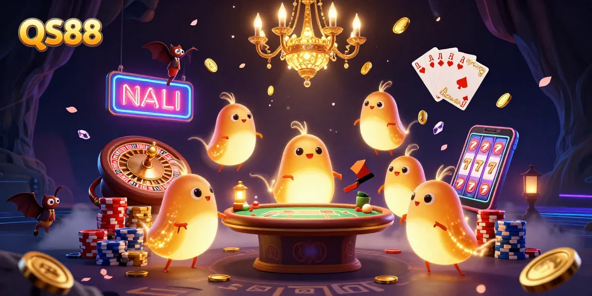 Experience thrilling gameplay at QS88 with vibrant glowworms and casino elements lighting up the scene.