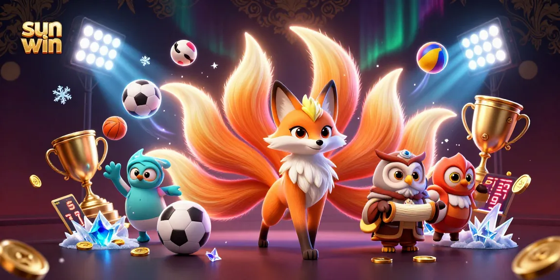 Experience thrilling gameplay at sun win with an enchanting nine-tailed fox and wise owl amidst dynamic sports elements.