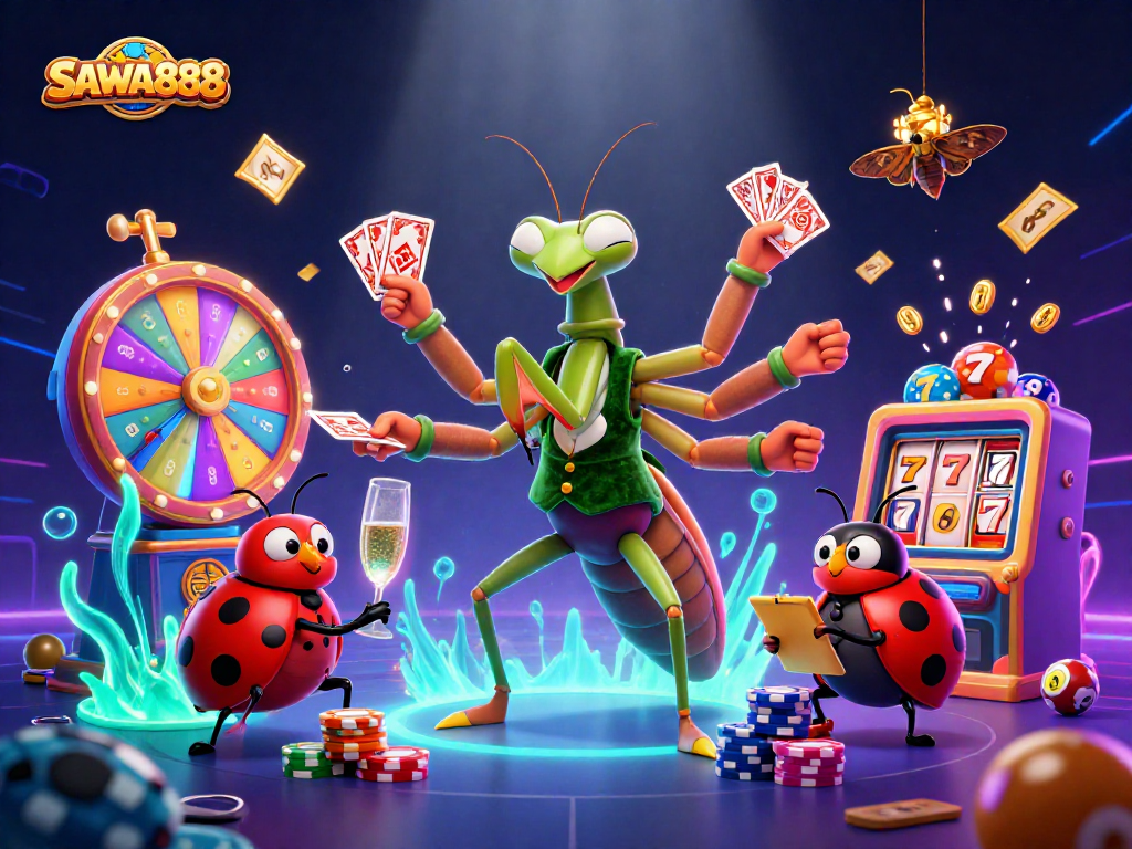 Experience thrilling gaming moments at SAWA888 with vibrant slot reels and dynamic prize elements.
