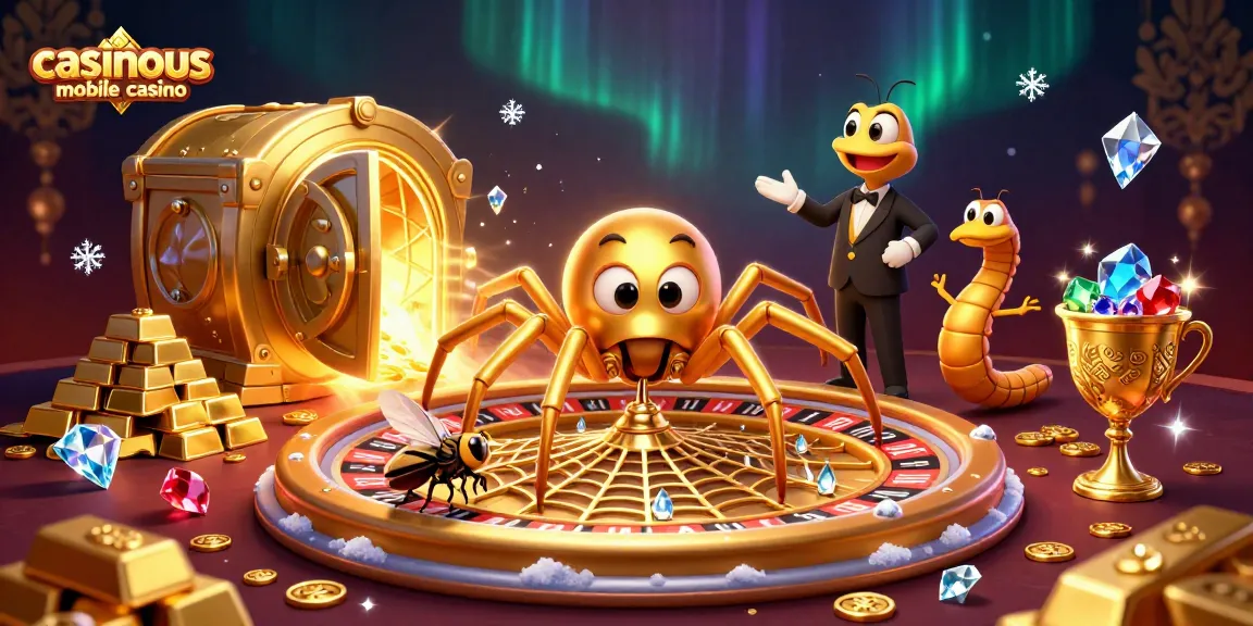 Experience the thrill at casinous mobile casino with a vibrant roulette wheel scene featuring a golden spider, fly, and centipede croupier.