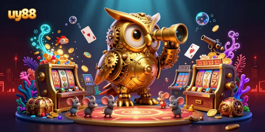 Experience excitement with golden owl surveying the uy88 casino scene full of vibrant games and treasures.