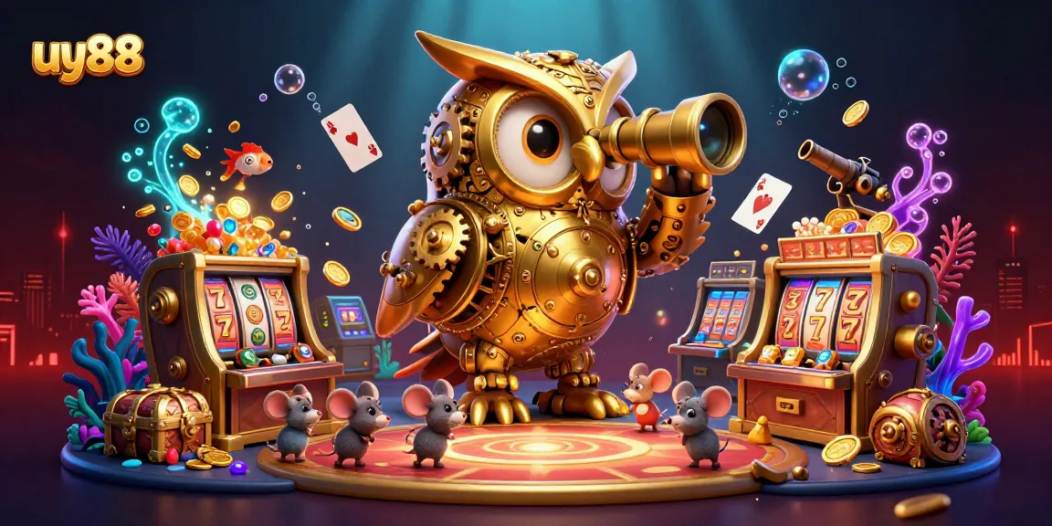 Experience excitement with golden owl surveying the uy88 casino scene full of vibrant games and treasures.