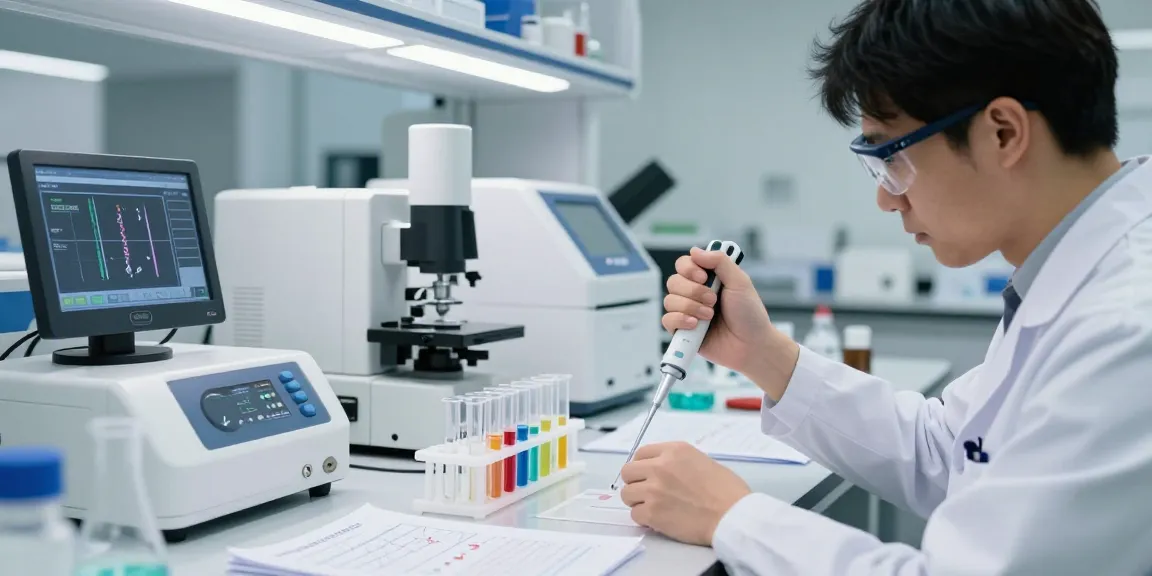Scientist measuring high-purity research peptides in modern lab for precise analysis.