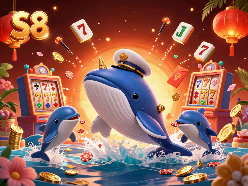 Engage winning strategies in a vibrant casino scene featuring S8 slot machines.