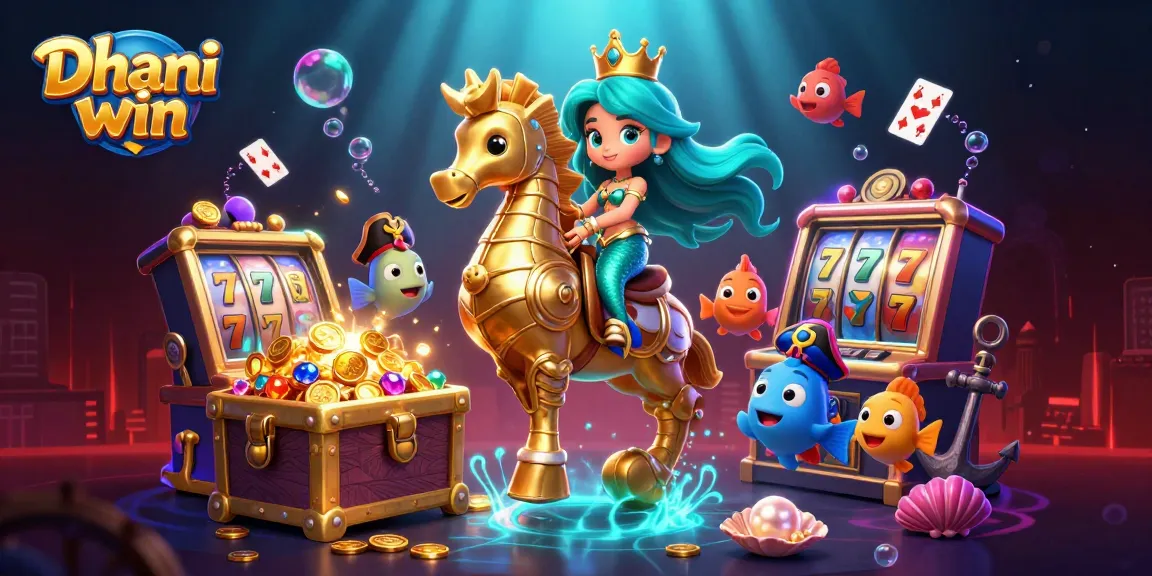 Dhani win game illustration featuring a vibrant mermaid and slot machines in an underwater casino scene.