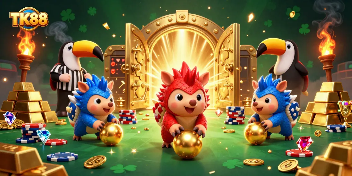 Engage in thrilling gameplay at TK88 with unique pangolin mascots enjoying a vibrant casino atmosphere.
