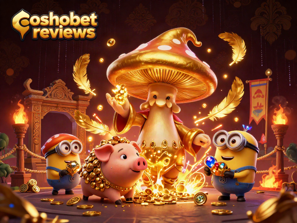 Experience cosmobet reviews in this vibrant casino scene filled with gold and magical creatures.
