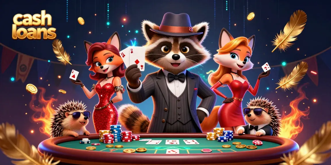 Engage with cash loans in this vibrant casino scene featuring a raccoon, fox, and hedgehog.