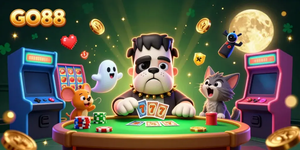 Engage in thrilling gameplay with GO88 at a spooky casino table surrounded by vibrant slots.