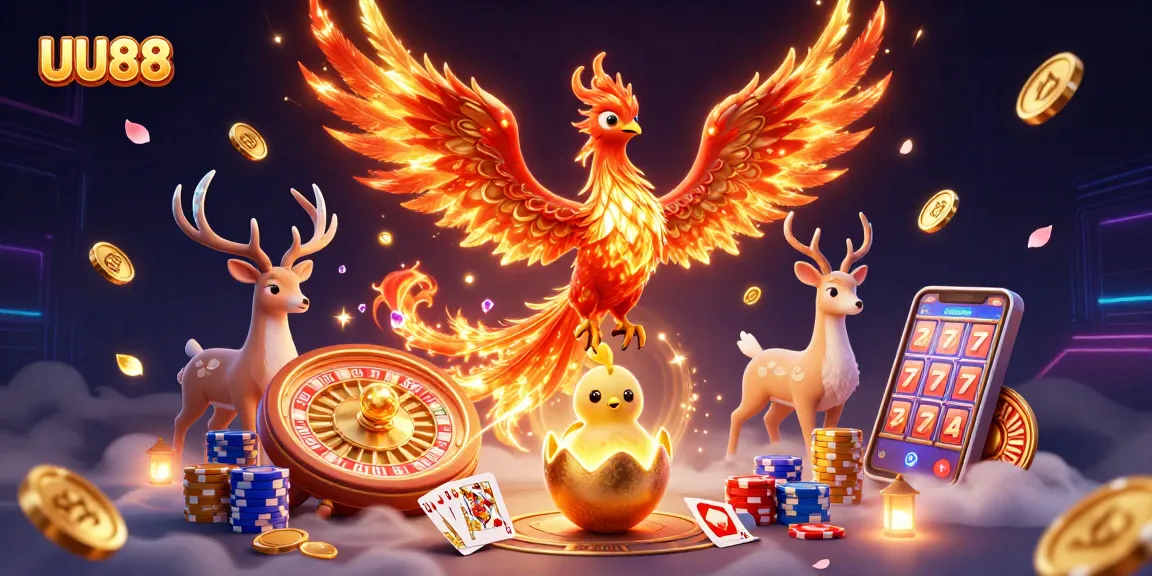 Experience the thrilling adventure of UU88, featuring a phoenix soaring with gold coins and vibrant gaming elements.