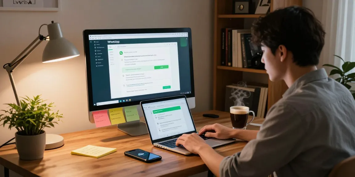 Young professional using WhatsApp電腦版 on a sleek home office setup with a laptop and cozy atmosphere.