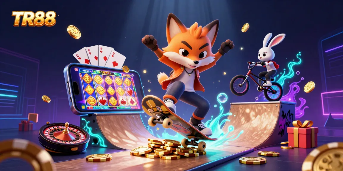 Experience the vibrant gaming world of TR88 with animated characters and casino excitement.