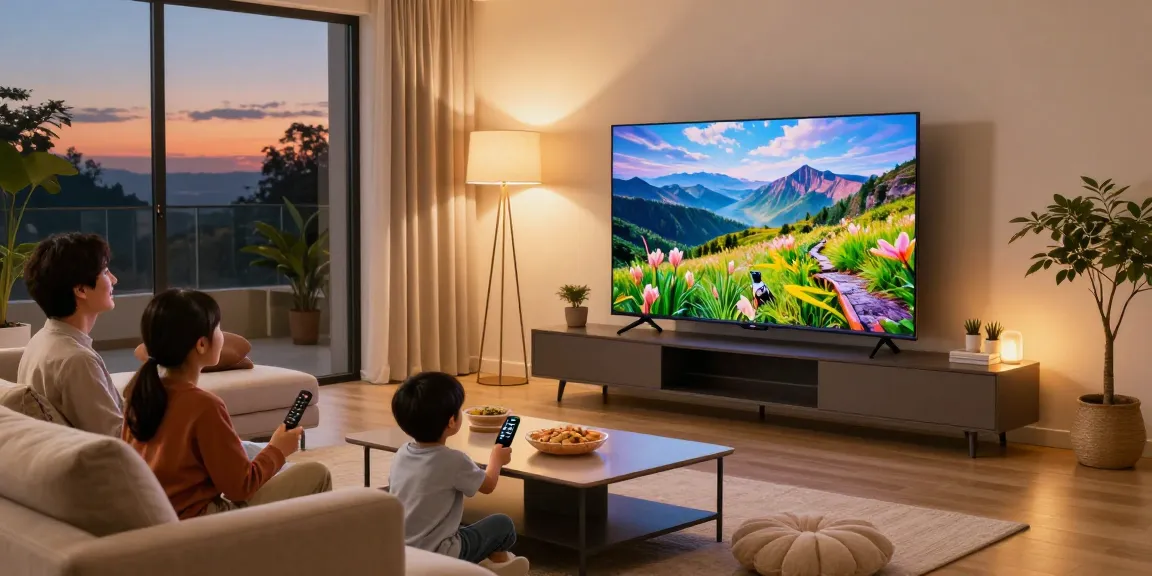 Family enjoying a movie on a 75-inch mini LED TV in a cozy living room setting.