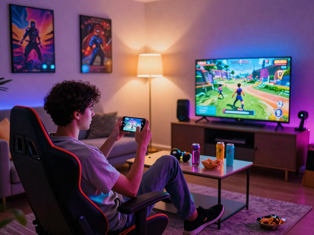 Person enjoying a mobile porn game in a vibrant living room setting with cozy lighting and gaming accessories.