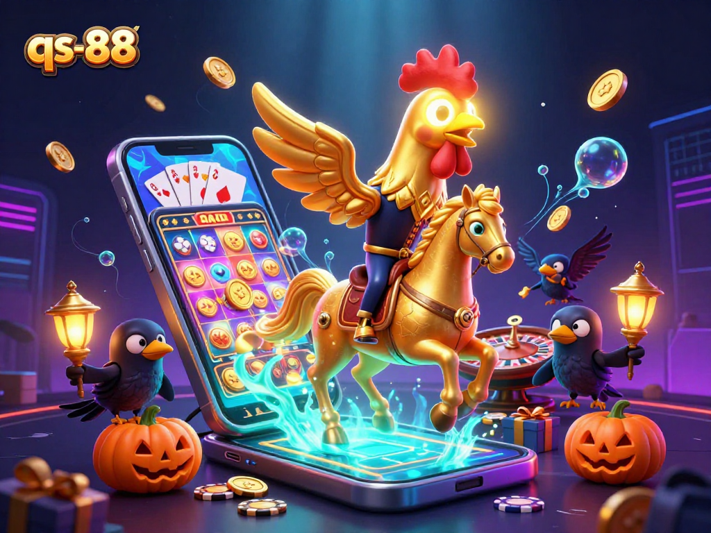 Experience the thrill of qs-88 slots featuring a golden rooster and spectral horse in a vibrant casino