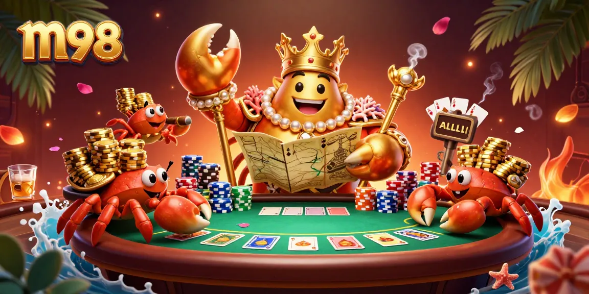 Engage in the thrilling m98 gaming realm with a golden crab emperor amidst vibrant poker action.