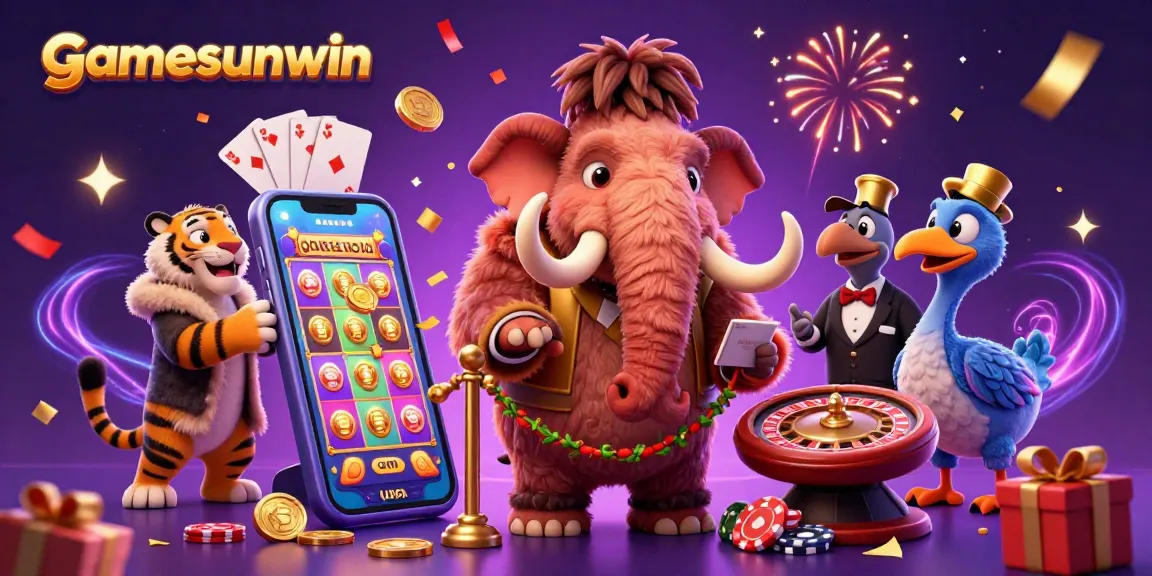 Experience the excitement at gamesunwin with a woolly mammoth bouncer and vibrant casino elements.
