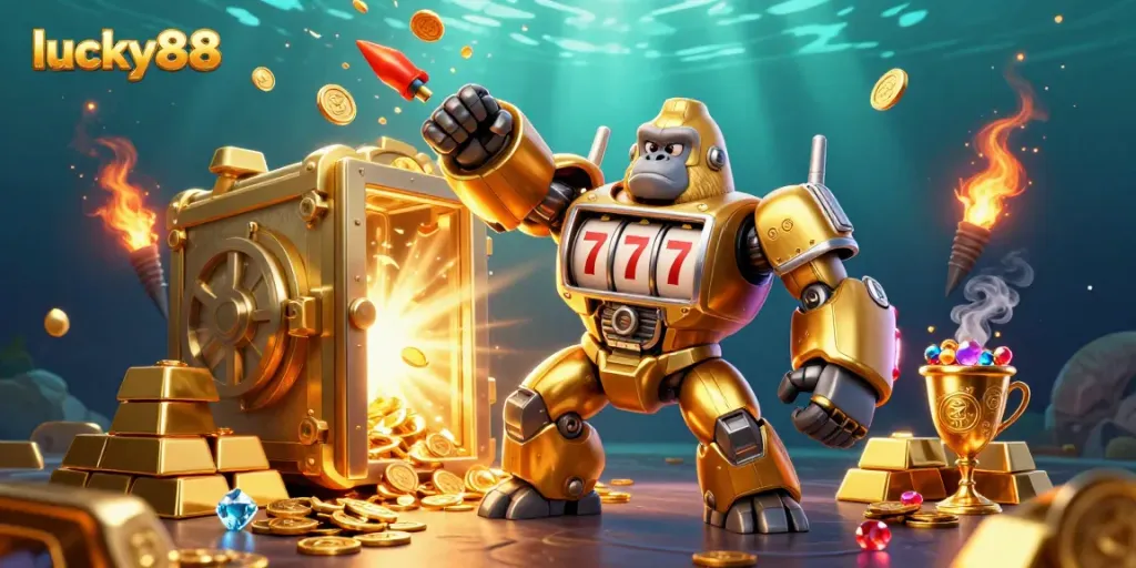 Experience exciting winnings in lucky88 with a dynamic 3D casino illustration of a golden mech and treasure elements.