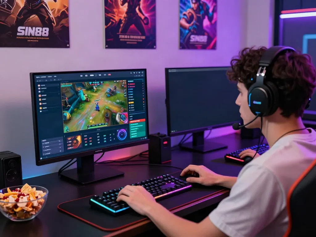 Engaged player enjoying the SIN88 gaming experience with dual monitors showcasing vibrant game graphics.