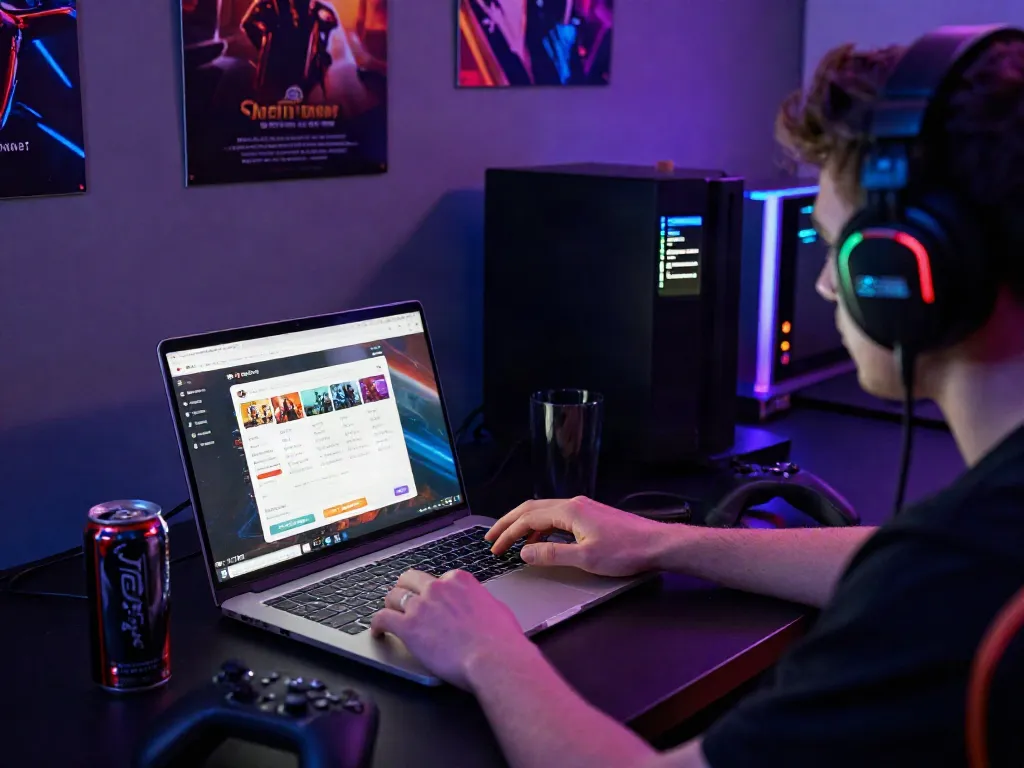 Engaging gaming scene with the 11Bet app interface on a laptop, vibrant atmosphere.