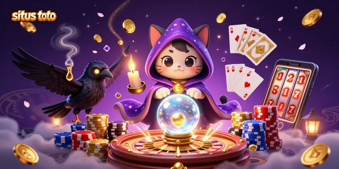 Experience situs toto through vibrant casino elements with mystic cat and tarot-card raven in action.