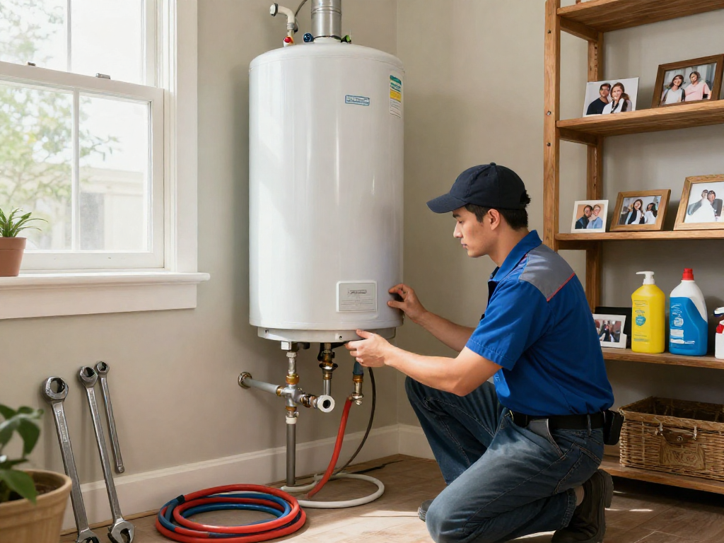 Expert technician performing a water heater replacement Fort Worth in a bright utility room filled with tools and family photos.