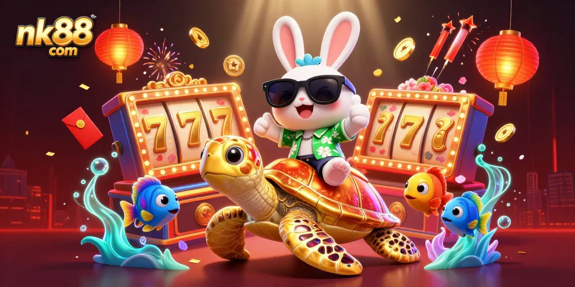 Engage with the vibrant world of nk88 com featuring a lucky rabbit on a golden turtle amidst casino luck elements.