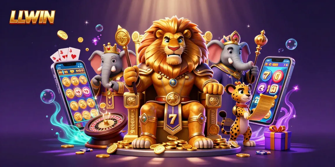 Experience dynamic gaming excitement with LLWIN amidst vibrant casino elements and characters.