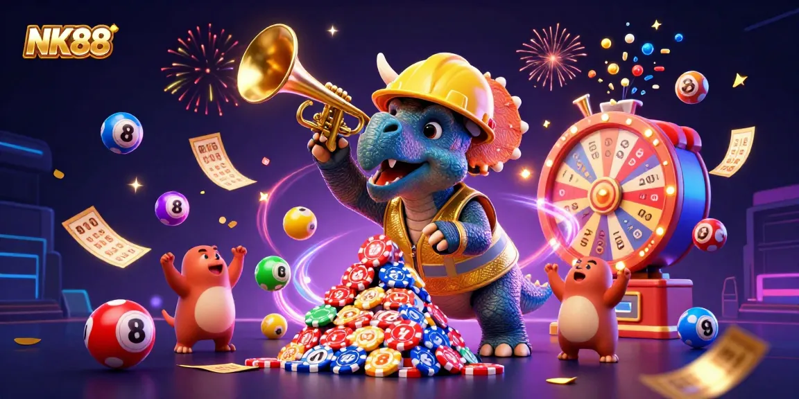 Engage with NK88’s thrilling atmosphere as the triceratops builds a tower of poker chips with celebration.