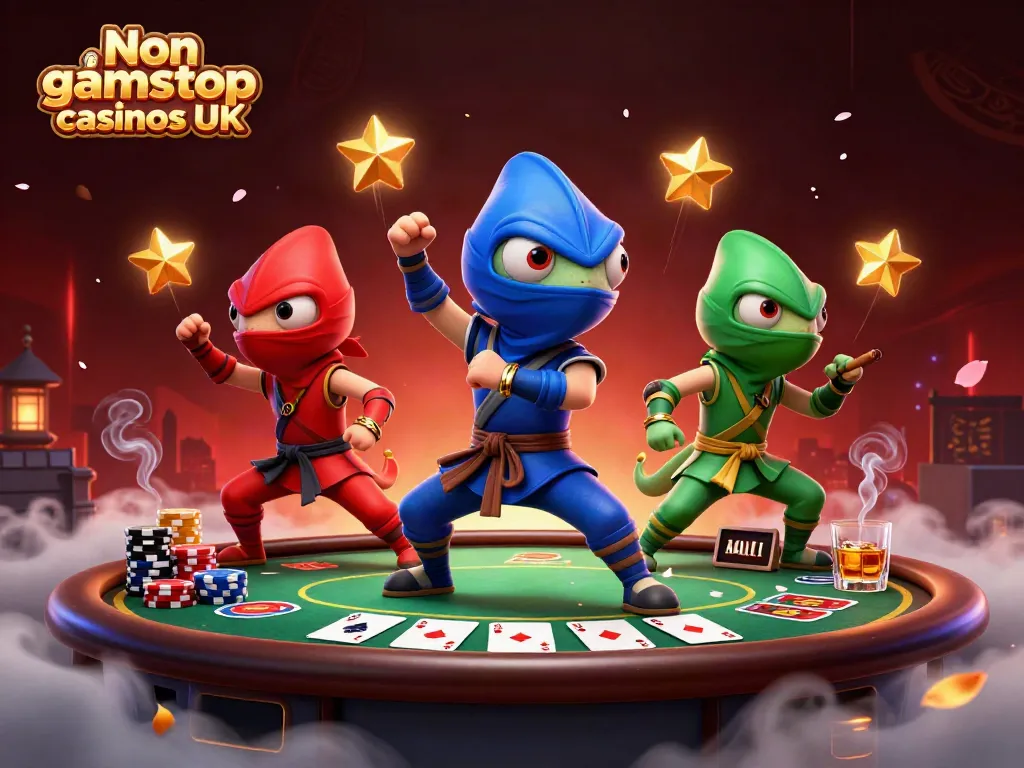Engaging scene depicting Non gamstop casinos UK with ninja chameleons using golden poker elements.