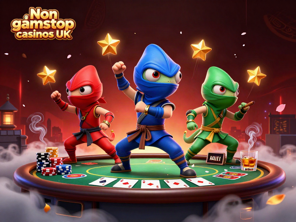 Engaging scene depicting Non gamstop casinos UK with ninja chameleons using golden poker elements.