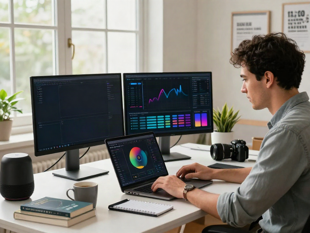 Professional working on instant indexing analytics in a modern home office.