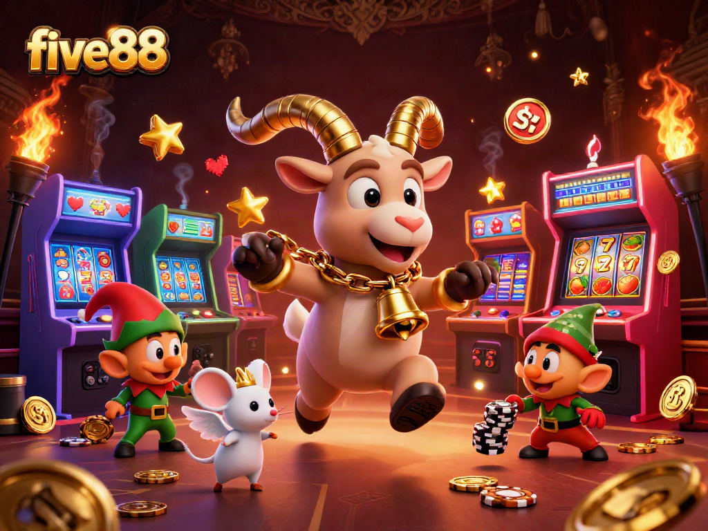 Engage in thrilling gameplay at five88 with a festive casino scene featuring enchanting characters and vibrant elements.
